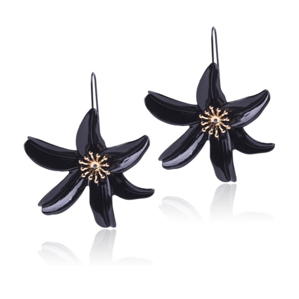 Plain Metal Flower Dangle Earrings - Black